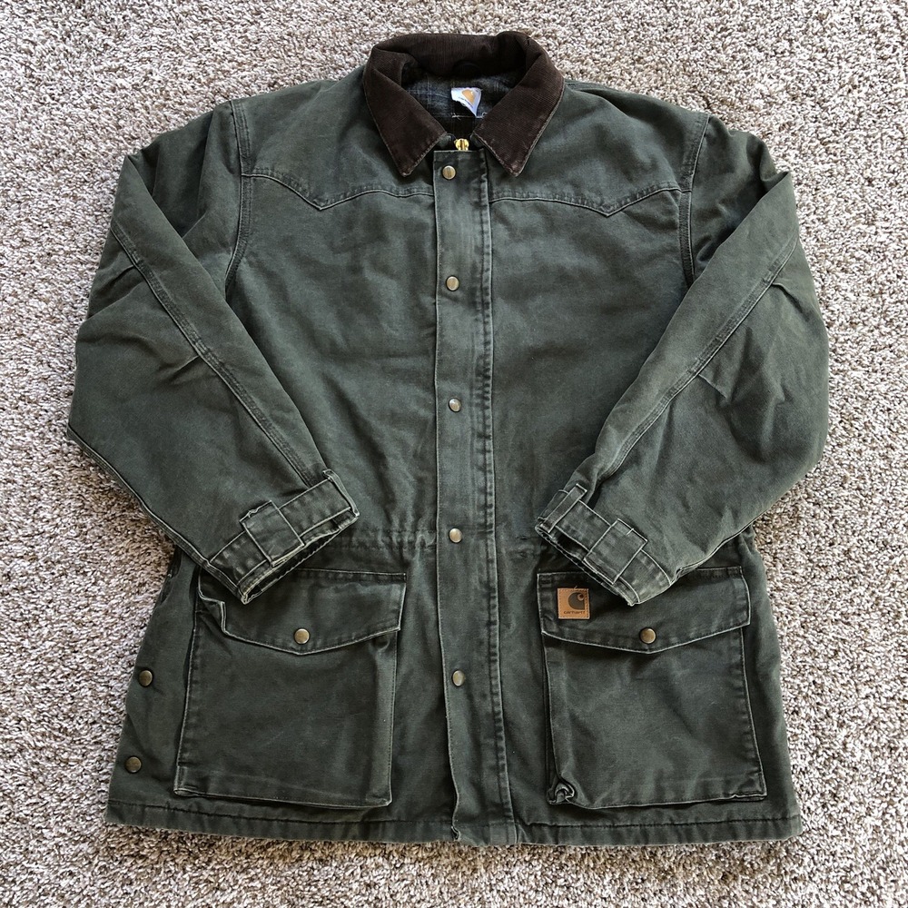 Carhartt Olive Green Canvas Barn Coat with Brown Corduroy Collar